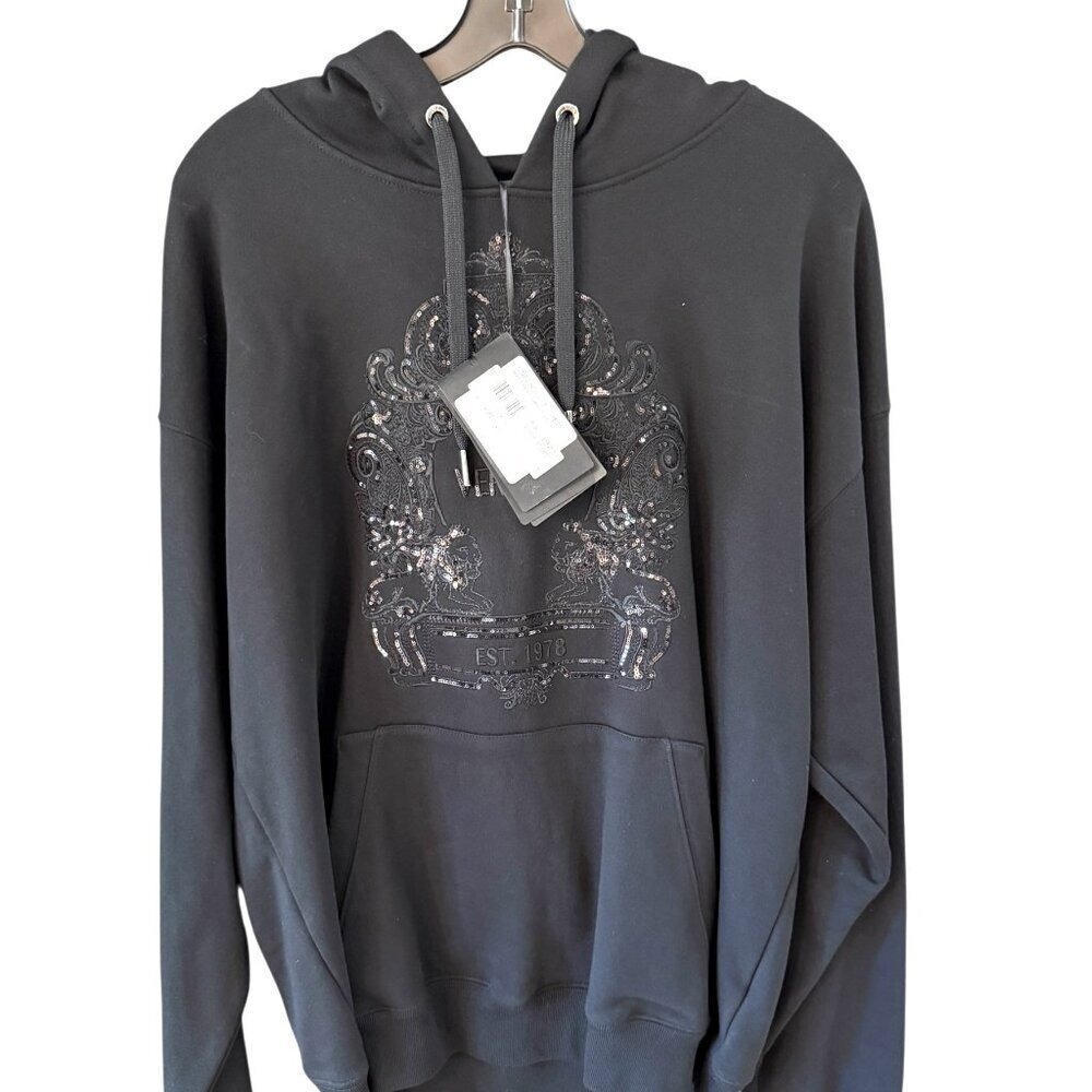 VERSACE 1013979 Mens Unisex Black Embroidered Cartouche Hoodie Sweatshirt Lg